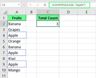 Contando células com texto usando COUNTIF() no Excel. 3