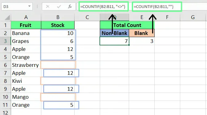 Count blank and non-blank cells using COUNIF() function in Excel. 7