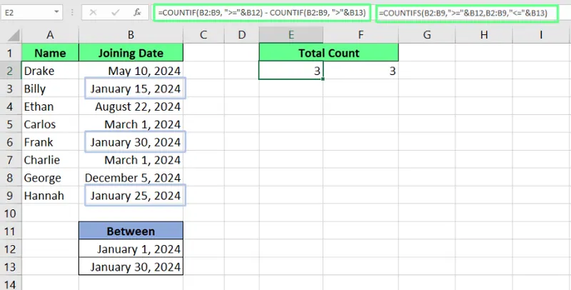 Use COUNTIF() para duas condições no Excel. 9