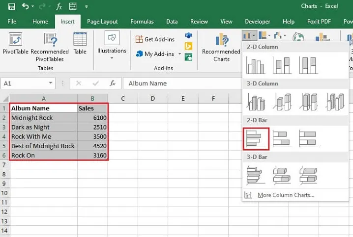 Inserting a bar chart from the Excel ribbon 2
