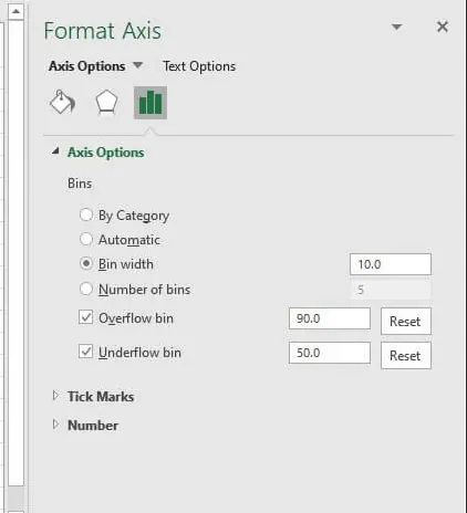 Formatting the axis to adjust bin properties in Excel's built-in histogram chart 3