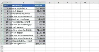 Datos de ejemplo para un gráfico de cascada, que muestran categorías y montos. 1