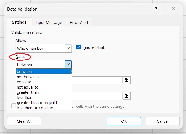 Como selecionar uma condição lógica para restringir o intervalo/comprimento dos dados para validação de dados no Excel. 3