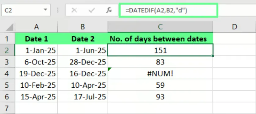 Find days between dates using DATEDIF() function in Excel 3