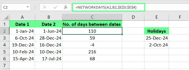 Find the days excluding holidays between the dates using NETWORKDAYS() in Excel 4