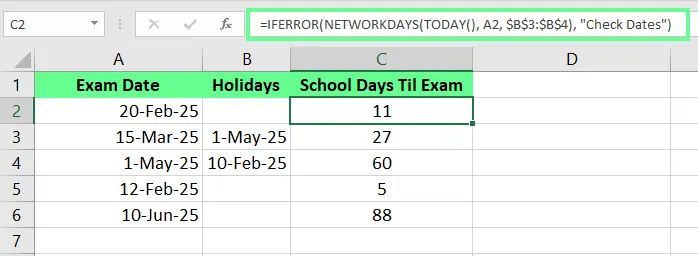 Combine IFERROR with NETWORKDAYS() and TODAY() function to find how many days left till exams in Excel 6