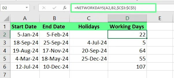 Find the working days left for the project using NETWORKDAYS() functions in Excel 8