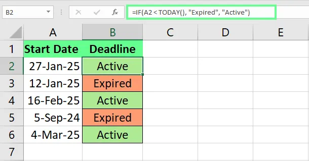 check whether the contract deadline is active or expired today or not in Excel 9