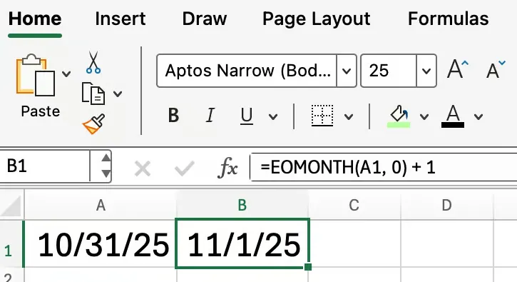 Using Excel EOMONTH + 1 to find the first day in the month 2