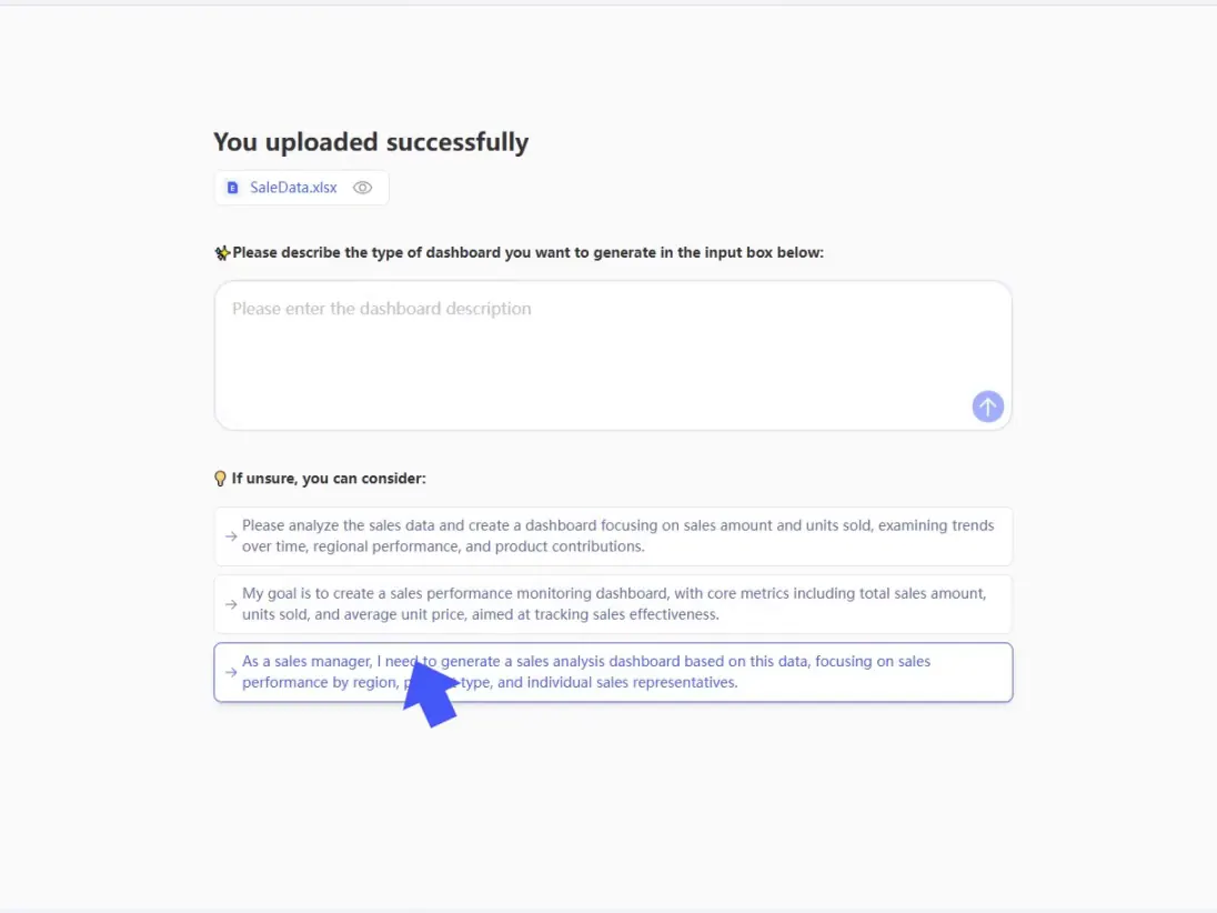 RowSpeak dashboard prompt for a sales workbook after upload