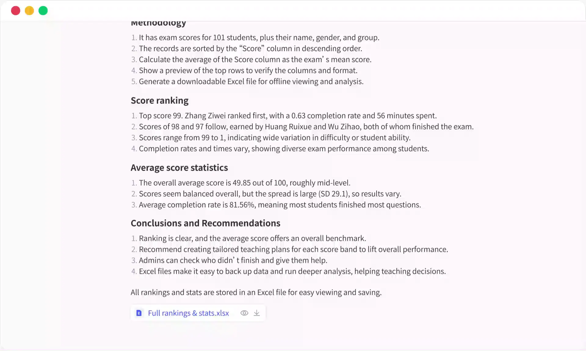 RowSpeak analysis result showing methodology, summary statistics, and downloadable output