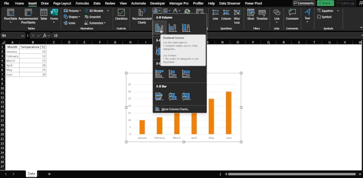 Un gráfico de columnas estándar en Excel antes de agregar barras de error. 1