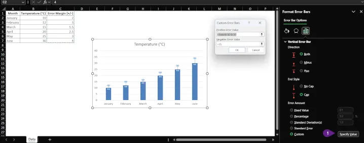 El cuadro de diálogo para especificar valores personalizados de barras de error a partir de rangos de celdas. 3