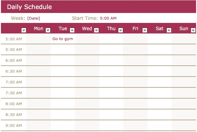 Un modèle de planning quotidien formaté manuellement dans Excel 2