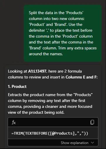 Une colonne Excel désordonnée avec des noms de produits et de marques combinés.