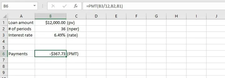 Formule PMT manuelle dans Excel 1