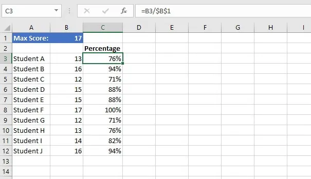 A formula showing a student's score in cell B3 being divided by the total possible score in cell B1. 1
