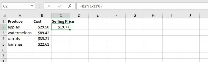 A formula showing an original price in cell B2 being multiplied by (1-33%) to calculate a discounted price. 2