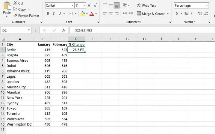 A formula calculating the percentage change between a value in C2 (February) and B2 (January). 3