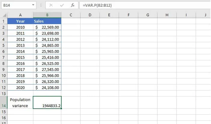 Utilisation de la fonction VAR.P dans Excel pour calculer la variance d'une population. 2