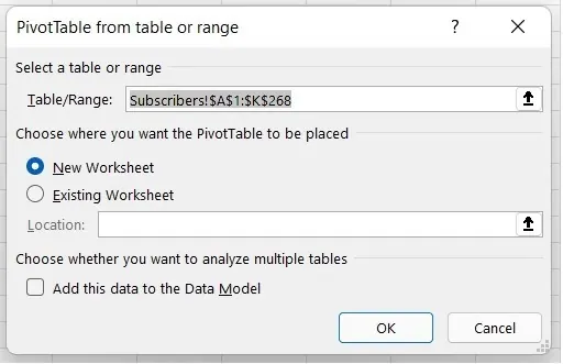 Excel의 피벗테이블 만들기 대화 상자 2