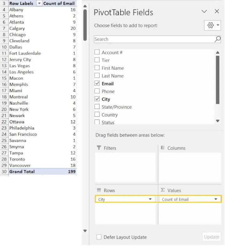 필드가 행 및 값 영역으로 드래그되는 것을 보여주는 피벗테이블 필드 창 3
