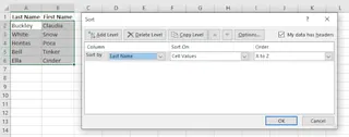 Un cuadro de diálogo que muestra las opciones de Ordenar en Excel, con 'Vistas' seleccionada como la columna de ordenación.