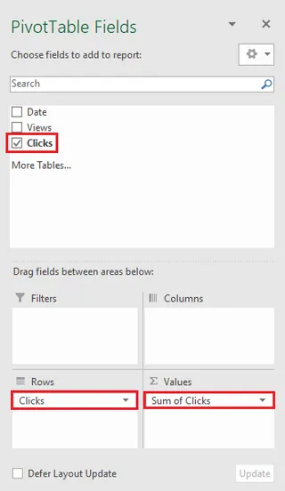 El panel Campos de tabla dinámica en Excel, que muestra campos siendo arrastrados a las áreas Filas, Columnas y Valores.