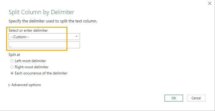 La boîte de dialogue Power Query pour fractionner une colonne par un délimiteur personnalisé. 3