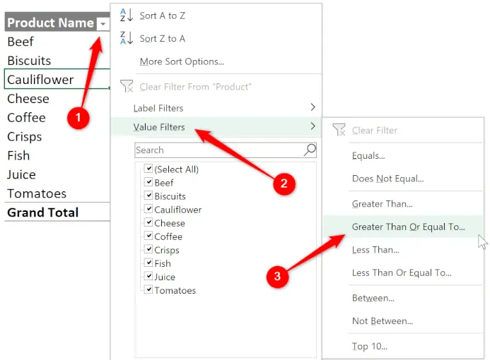 Using the Value Filters menu to apply a numerical condition.