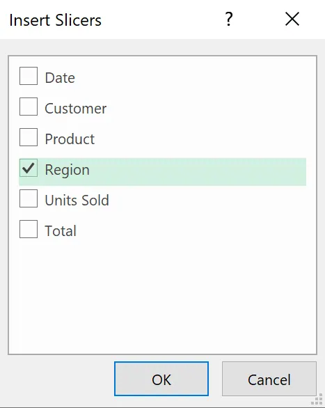 A Pivot Table with an accompanying 'Region' Slicer for interactive filtering.