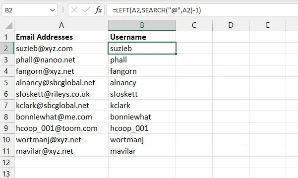엑셀에서 LEFT 및 SEARCH 함수로 사용자 이름 추출