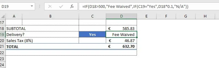 A complex nested IF formula in Excel to calculate a dynamic delivery fee. 2