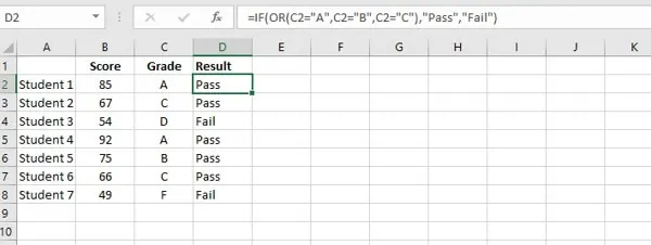 Using a combination of IF and OR functions in Excel to determine pass/fail status. 3