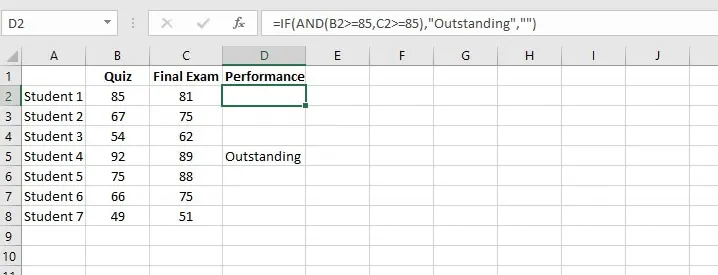 Using a combination of IF and AND functions in Excel to identify outstanding students. 4
