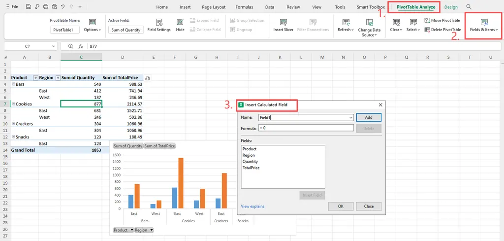 Navegando por la cinta de Excel para encontrar la opción Campo calculado.