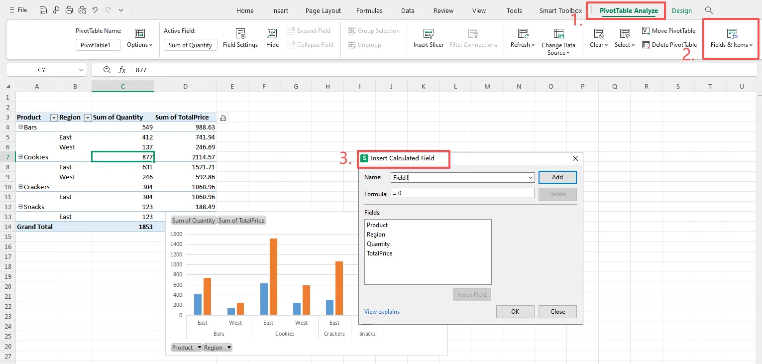 Navigating the Excel ribbon to find the Calculated Field option.