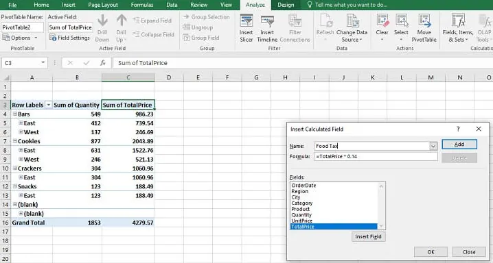 The Insert Calculated Field dialog box in Excel.