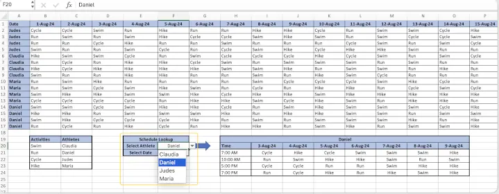 Une feuille Excel avec des menus déroulants pour 'Athlète' et 'Date'. En dessous, un planning sur 7 jours est dynamiquement rempli en fonction des sélections. 2