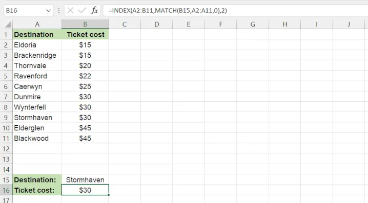 An Excel sheet showing a nested INDEX/MATCH formula to look up a bus ticket price. 2