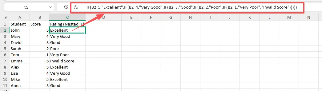 Eine Tabelle, die eine komplexe, verschachtelte WENN-Formel zur Umwandlung von Punktzahlen in Textbewertungen zeigt.