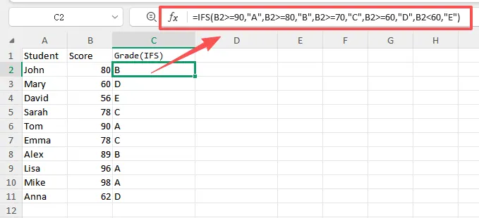 Ein Excel-Blatt, das die WENNS-Funktion zur Zuweisung von Buchstabennoten basierend auf Punktzahlen demonstriert.