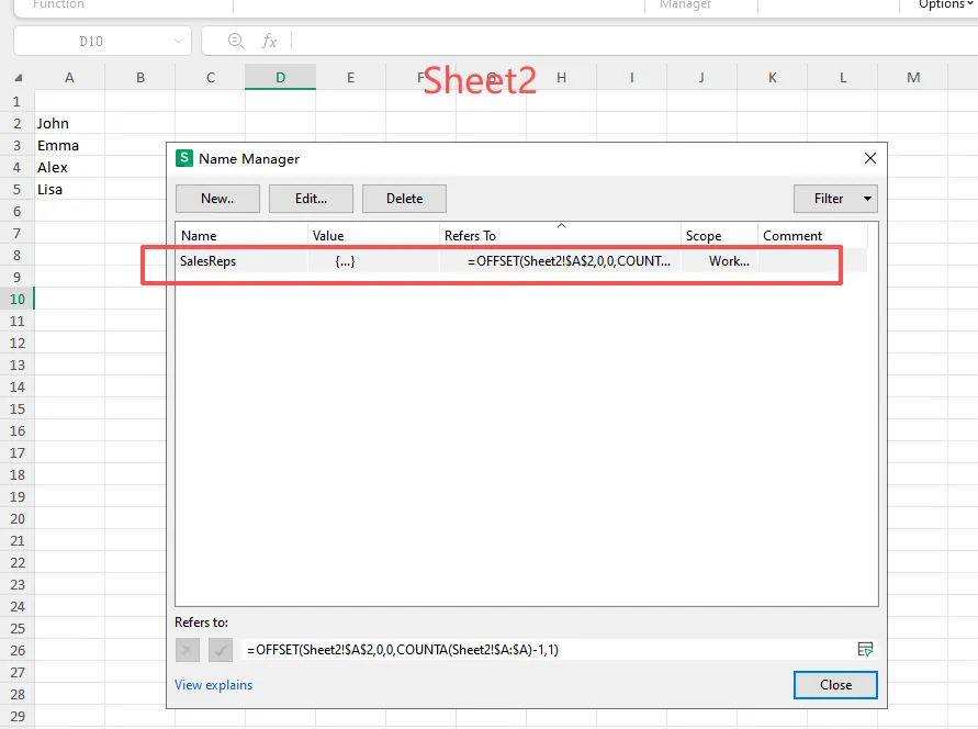 顯示複雜 OFFSET 和 COUNTA 公式的 Excel 名稱管理員對話方塊