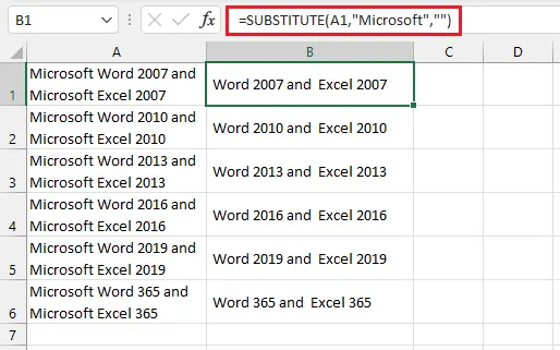 セルからテキストを削除するSUBSTITUTEの使用 2