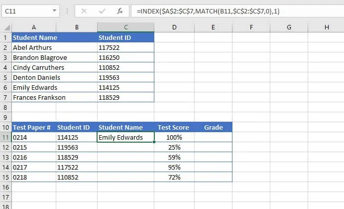 Exemple d'une formule INDEX MATCH complexe dans une feuille Excel.
