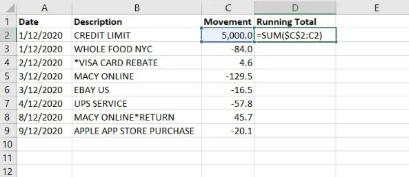 Excel SUM formula with mixed reference for a running total
