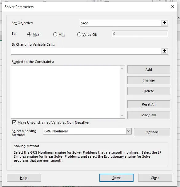 Cuadro de diálogo Parámetros de Solver de Excel