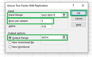 Filling details for Anova: Two-Factor With Replication. 12