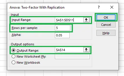 Filling details for Anova: Two-Factor With Replication. 12