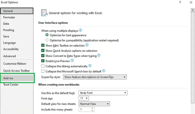 Select Add-ins from the Excel Options dialog box. 4